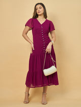 Azira Dobby Georgette V-Neck Midi Dress
