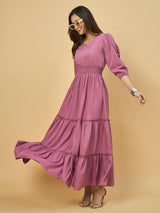 Azira Solid Rayon V-Neck Tiered Maxi Dress