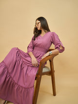 Azira Solid Rayon V-Neck Tiered Maxi Dress