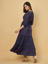 Azira Solid Rayon V-Neck Tiered Maxi Dress