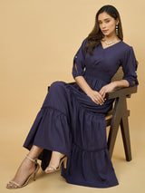 Azira Solid Rayon V-Neck Tiered Maxi Dress