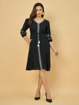 Azira Rayon Soild V-Neck Embroidery Midi Dress