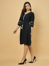 Azira Rayon Soild V-Neck Embroidery Midi Dress
