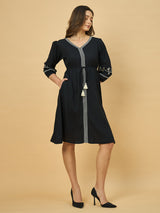 Azira Rayon Soild V-Neck Embroidery Midi Dress