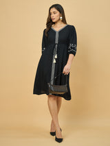 Azira Rayon Soild V-Neck Embroidery Midi Dress