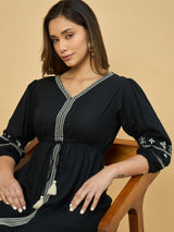 Azira Rayon Soild V-Neck Embroidery Midi Dress