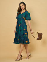 Azira Printed Cotton V-Neck Tiered Midi Dress