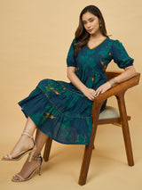 Azira Printed Cotton V-Neck Tiered Midi Dress