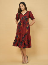 Azira Printed Cotton V-Neck Tiered Midi Dress