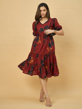 Azira Printed Cotton V-Neck Tiered Midi Dress