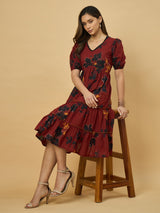 Azira Printed Cotton V-Neck Tiered Midi Dress