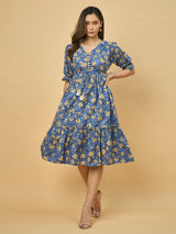 Azira Printed Cotton V-Neck Tiered Midi Dress