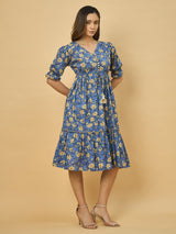 Azira Printed Cotton V-Neck Tiered Midi Dress