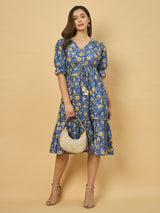 Azira Printed Cotton V-Neck Tiered Midi Dress