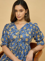 Azira Printed Cotton V-Neck Tiered Midi Dress