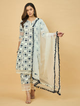 Azira Cotton Printed A-Line Kurta with Palazzo & Net Dupatta | Pom-Pom Lace Border | 3/4 Sleeve Ethnic Set for Women