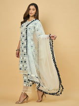Azira Cotton Printed A-Line Kurta with Palazzo & Net Dupatta | Pom-Pom Lace Border | 3/4 Sleeve Ethnic Set for Women