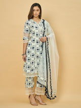Azira Cotton Printed A-Line Kurta with Palazzo & Net Dupatta | Pom-Pom Lace Border | 3/4 Sleeve Ethnic Set for Women