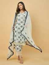 Azira Cotton Printed A-Line Kurta with Palazzo & Net Dupatta | Pom-Pom Lace Border | 3/4 Sleeve Ethnic Set for Women