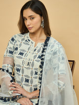 Azira Cotton Printed A-Line Kurta with Palazzo & Net Dupatta | Pom-Pom Lace Border | 3/4 Sleeve Ethnic Set for Women