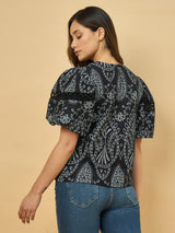 Azira Black Schiffli Printed Balloon Sleeve Top