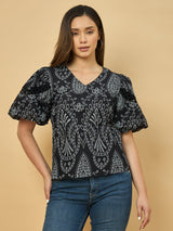Azira Black Schiffli Printed Balloon Sleeve Top