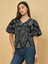 Azira Black Schiffli Printed Balloon Sleeve Top