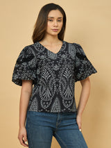 Azira Black Schiffli Printed Balloon Sleeve Top