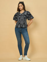 Azira Black Schiffli Printed Balloon Sleeve Top