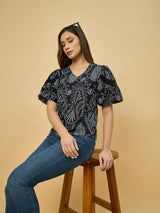 Azira Black Schiffli Printed Balloon Sleeve Top