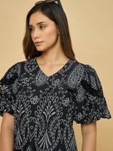 Azira Black Schiffli Printed Balloon Sleeve Top