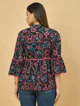 Azira Cotton Women Black & Pink Floral Printed Ethnic Jacket For Women