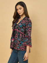 Azira Cotton Women Black & Pink Floral Printed Ethnic Jacket For Women