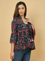 Azira Cotton Women Black & Pink Floral Printed Ethnic Jacket For Women