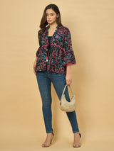 Azira Cotton Women Black & Pink Floral Printed Ethnic Jacket For Women