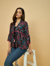 Azira Cotton Women Black & Pink Floral Printed Ethnic Jacket For Women