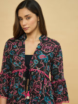 Azira Cotton Women Black & Pink Floral Printed Ethnic Jacket For Women