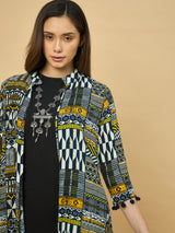 Azira Women Blue Printed Front Open Long Indo-Western Shrug