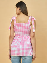 Azira Pink Gingham Checkered Flared Top | Tie-Up Shoulder Straps