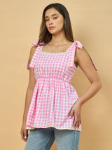 Azira Pink Gingham Checkered Flared Top | Tie-Up Shoulder Straps