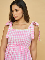 Azira Pink Gingham Checkered Flared Top | Tie-Up Shoulder Straps