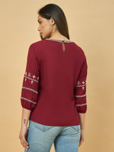Azira Maroon Embroidered Round Neck Top | 3/4th Sleeve