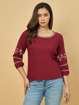 Azira Maroon Embroidered Round Neck Top | 3/4th Sleeve