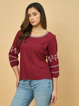 Azira Maroon Embroidered Round Neck Top | 3/4th Sleeve