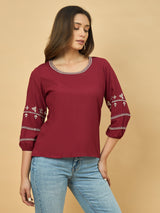 Azira Maroon Embroidered Round Neck Top | 3/4th Sleeve