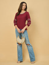 Azira Maroon Embroidered Round Neck Top | 3/4th Sleeve