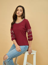 Azira Maroon Embroidered Round Neck Top | 3/4th Sleeve