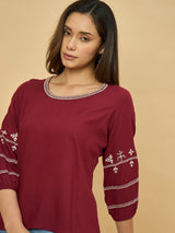 Azira Maroon Embroidered Round Neck Top | 3/4th Sleeve