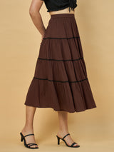 Azira Solid Crepe Three-Tiered Skirt for Women | Flared Casual Wear
