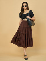 Azira Solid Crepe Three-Tiered Skirt for Women | Flared Casual Wear